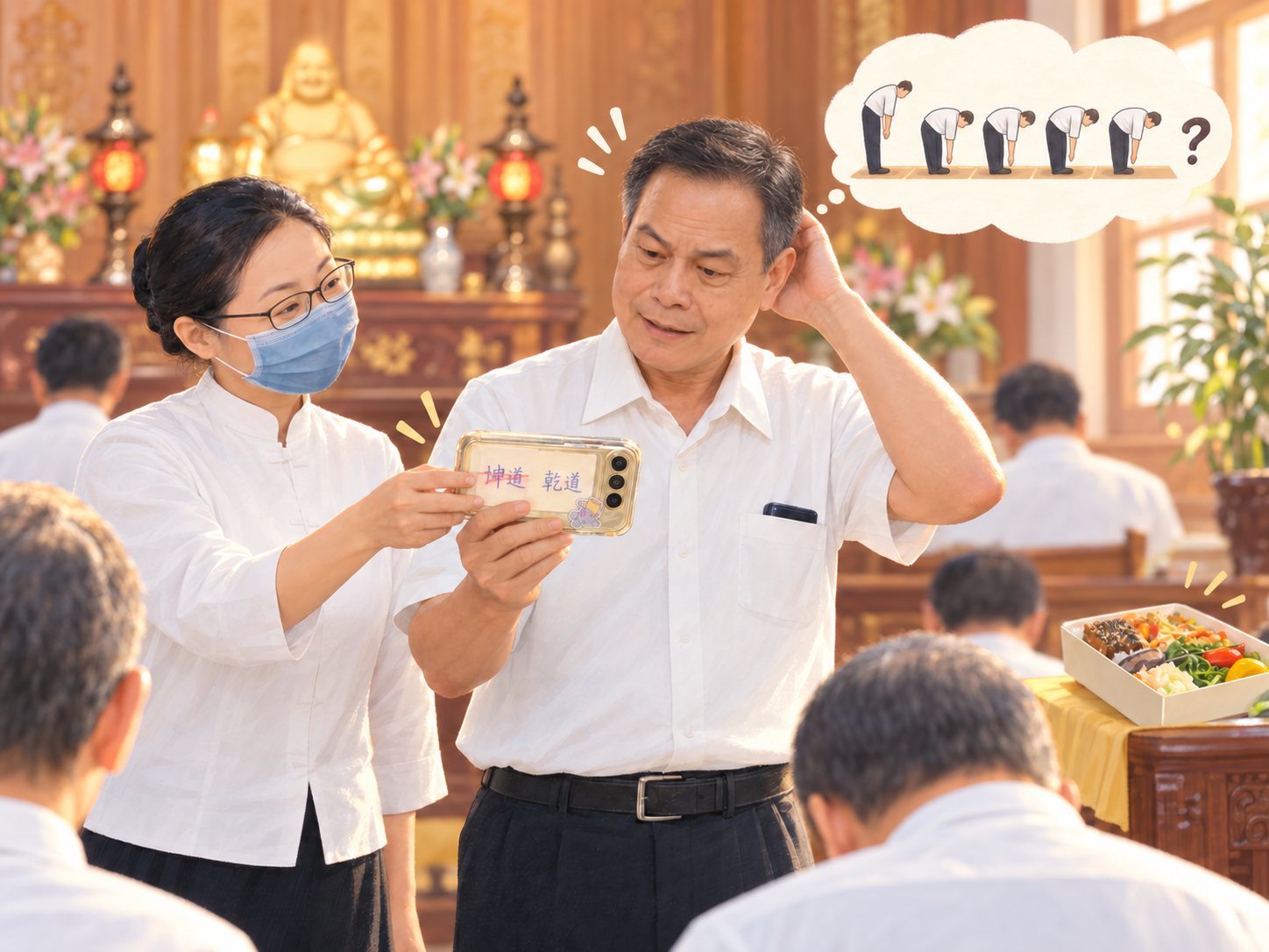 副班長借出手機小抄,解救忘記五叩首程序的班長之溫暖插畫