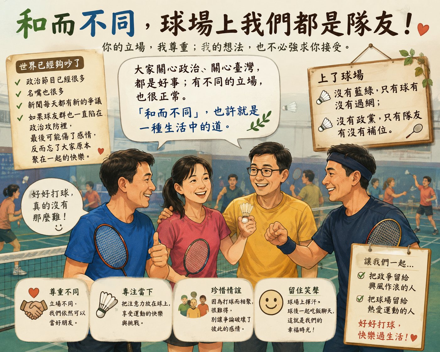 球友在羽球場上彼此尊重、和而不同的溫暖插畫