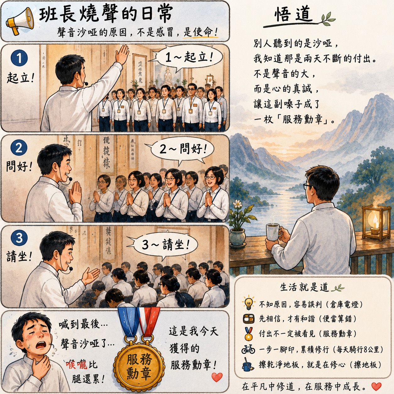班長帶領起立、問好與請坐，兩天服務後聲音沙啞的圖文插畫