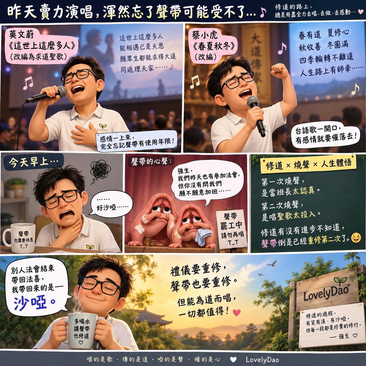 賣力演唱改編聖歌後聲音沙啞，聲帶也要求休息的幽默漫畫